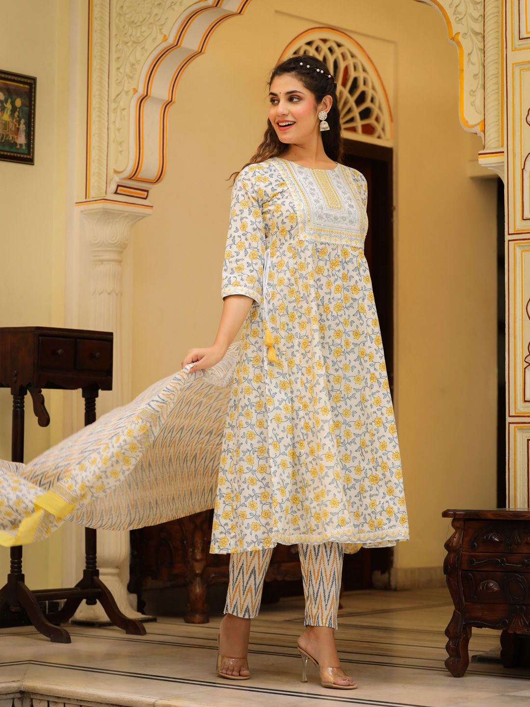 Anarkali Style Cotton Fabric White & Yellow Color Kurta With Bottom & Dupatta
