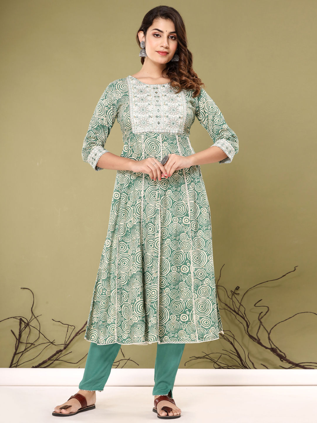 Anarkali Style Cotton Fabric Green Color Kurta With Bottom & Dupatta