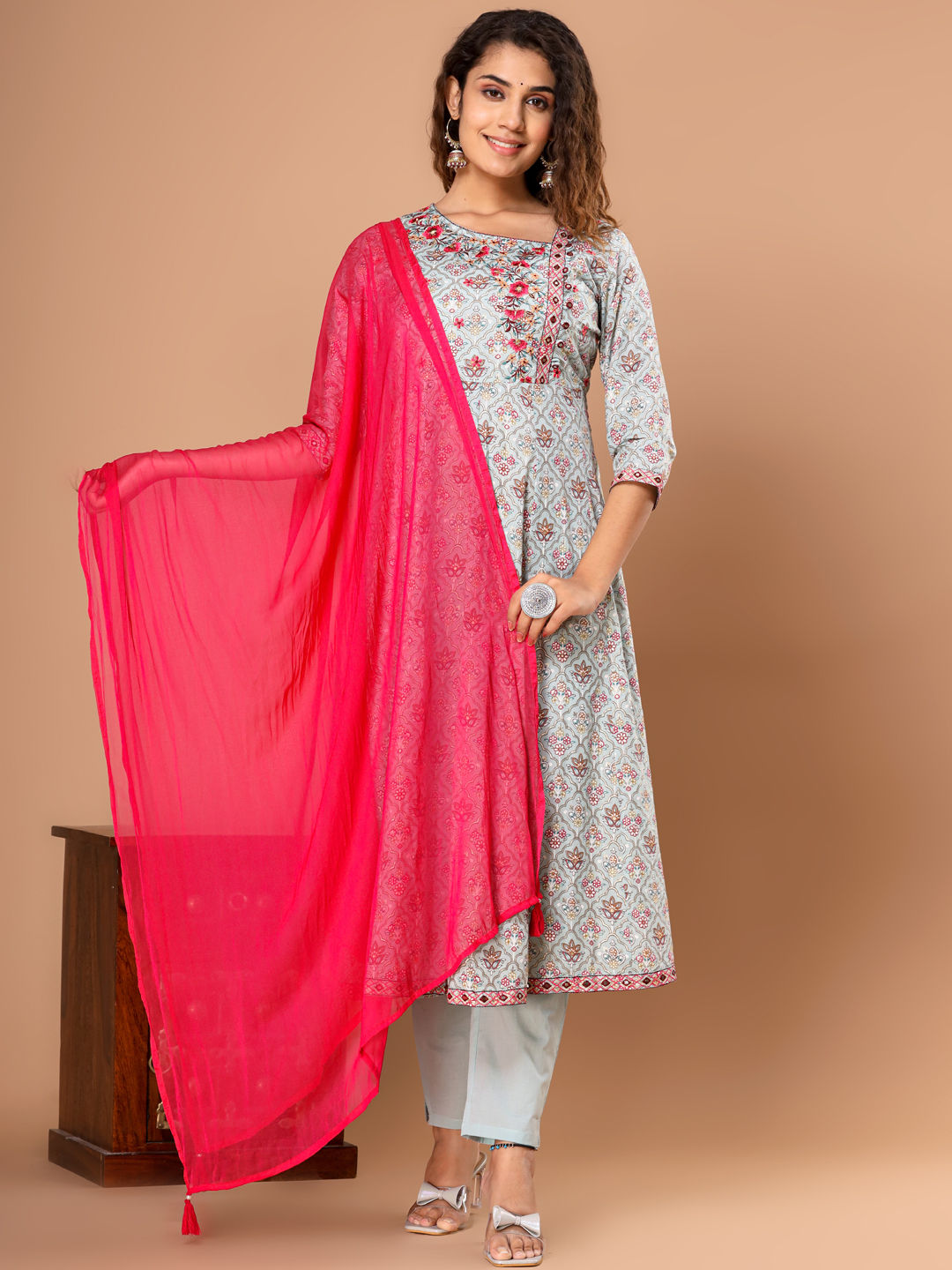 Anarkali Style Cotton Fabric Pink & Blue Color Kurta With Bottom & Dupatta