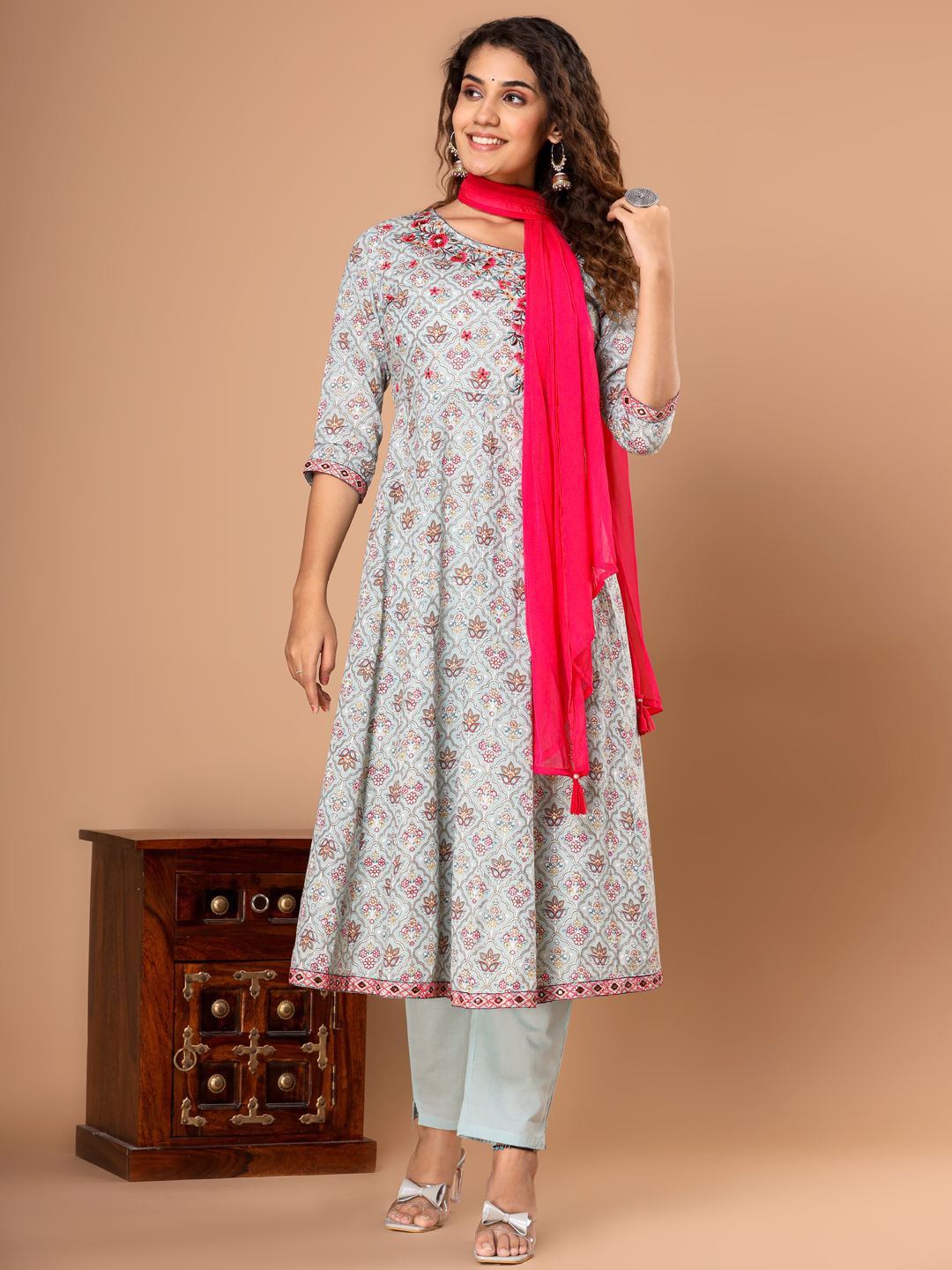 Anarkali Style Cotton Fabric Pink & Blue Color Kurta With Bottom & Dupatta