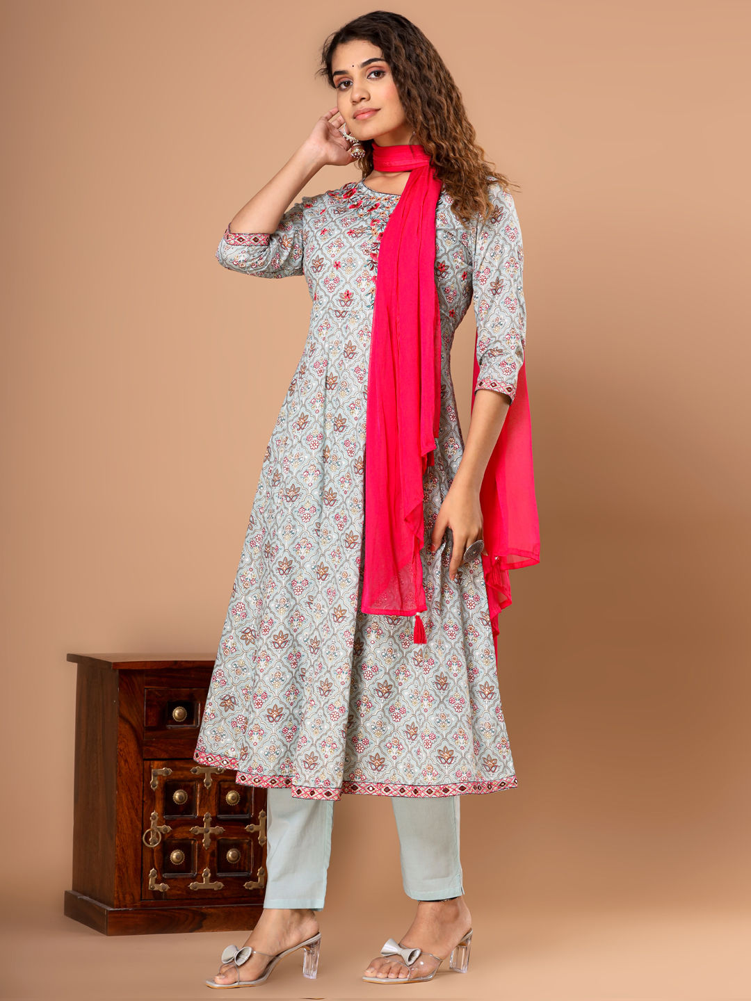 Anarkali Style Cotton Fabric Pink & Blue Color Kurta With Bottom & Dupatta