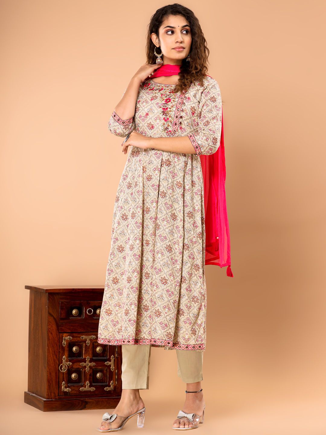 Anarkali Style Cotton Fabric Pink & Beige Color Kurta With Bottom & Dupatta