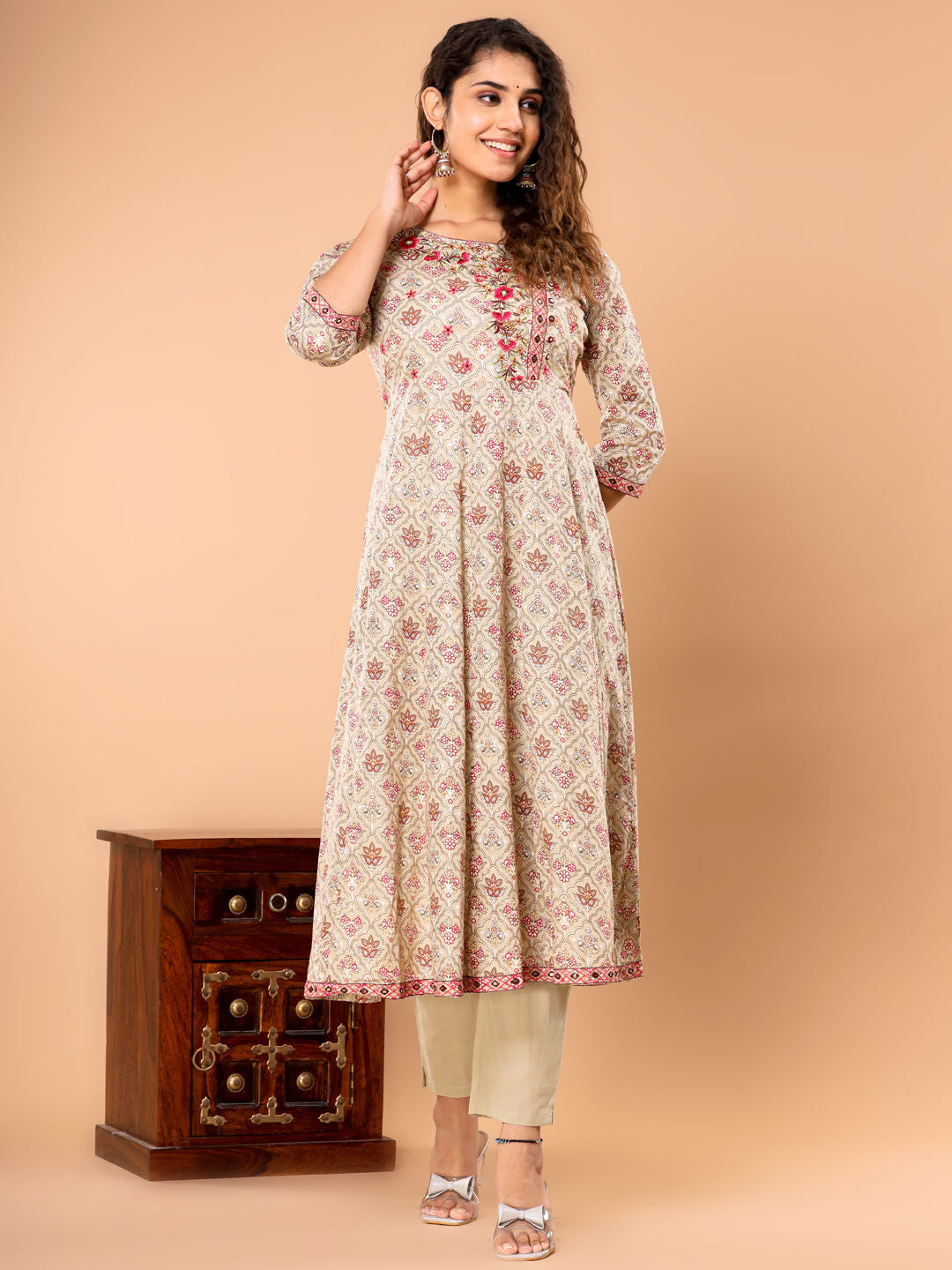 Anarkali Style Cotton Fabric Pink & Beige Color Kurta With Bottom & Dupatta