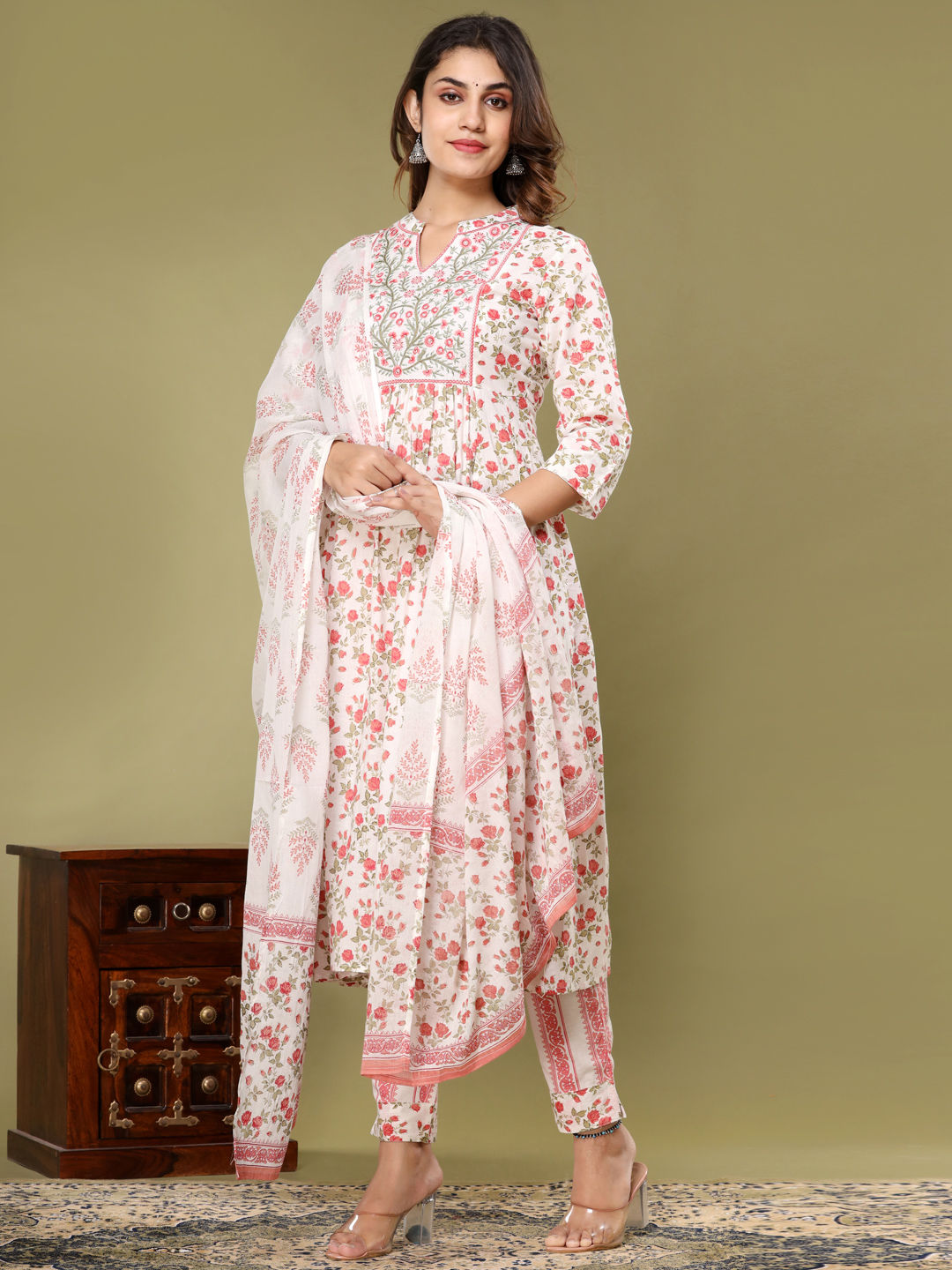 Anarkali Style Cotton Fabric Pink & White Color Kurta With Bottom & Dupatta