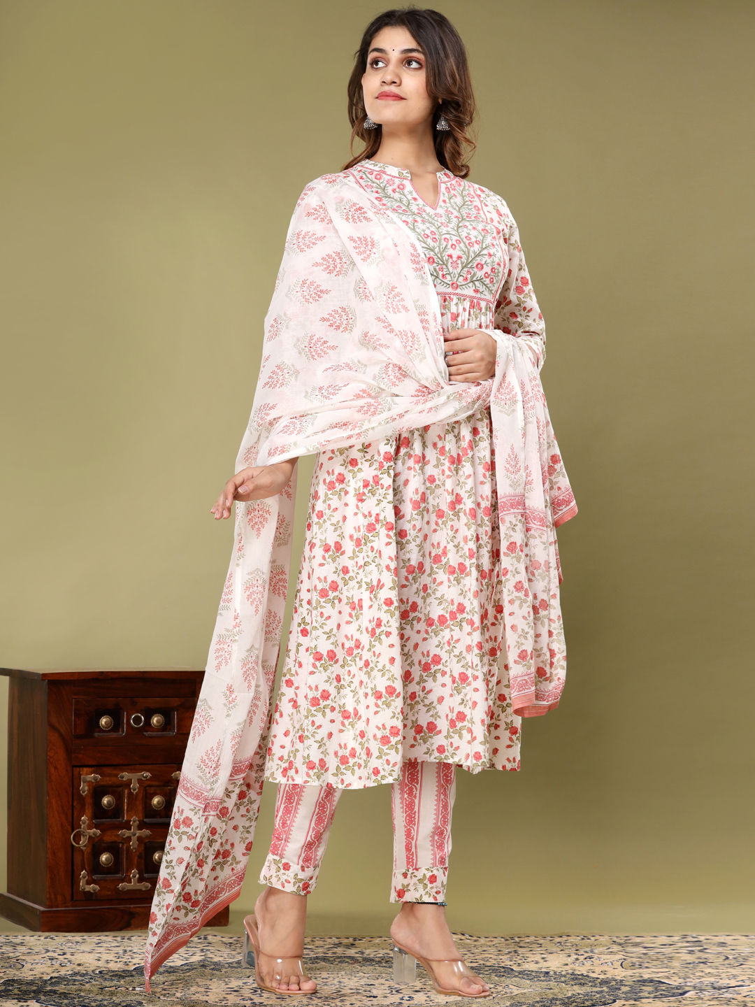 Anarkali Style Cotton Fabric Pink & White Color Kurta With Bottom & Dupatta