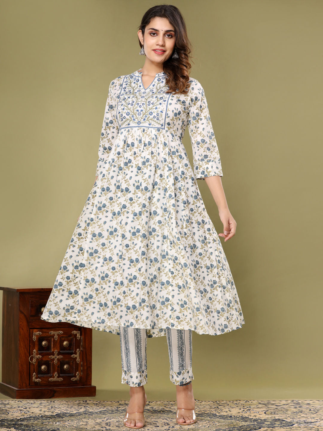 Anarkali Style Cotton Fabric Blue & White Color Kurta With Bottom & Dupatta