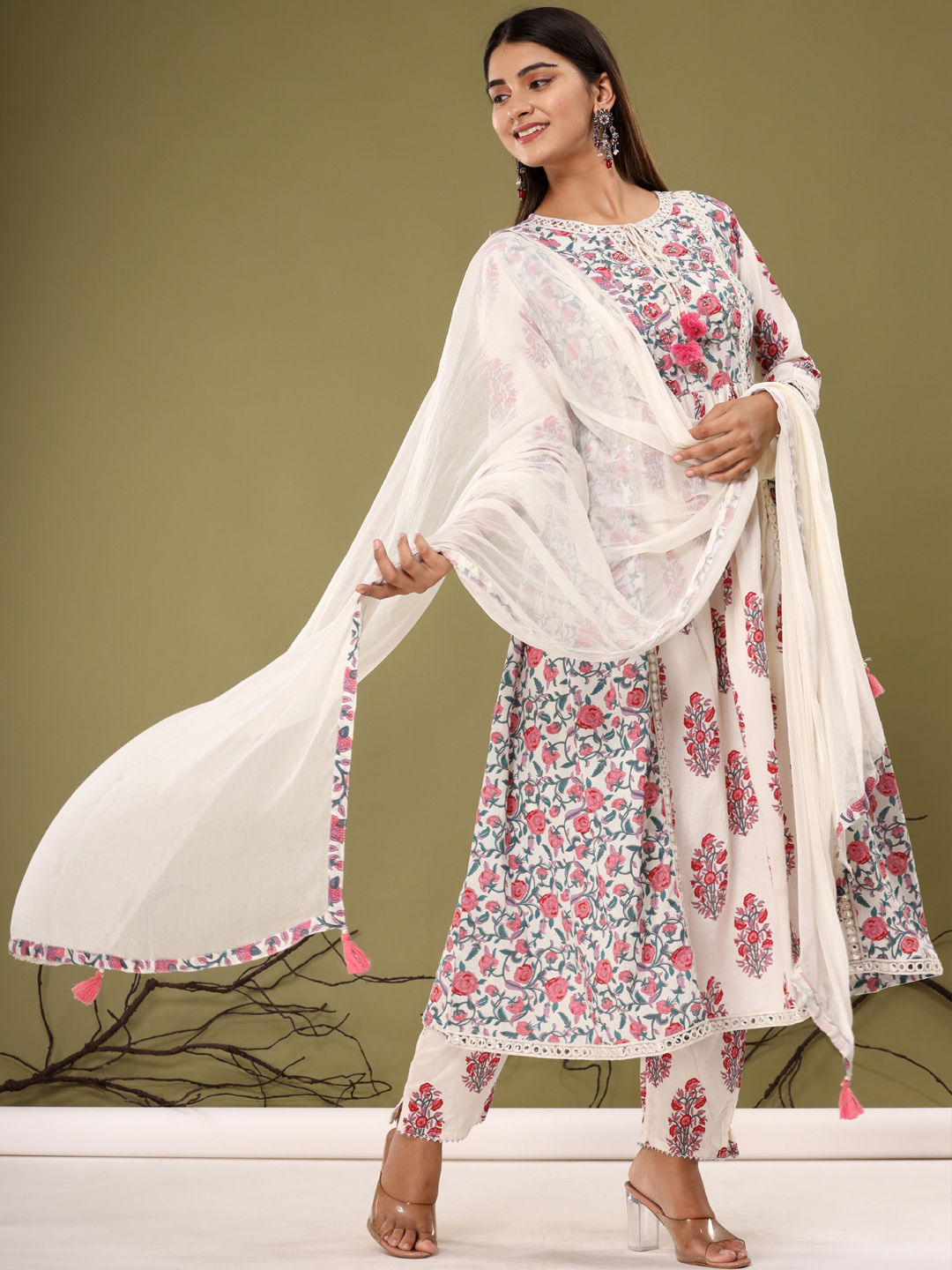Anarkali Style Cotton Fabric Pink & White Color Kurta With Bottom & Dupatta