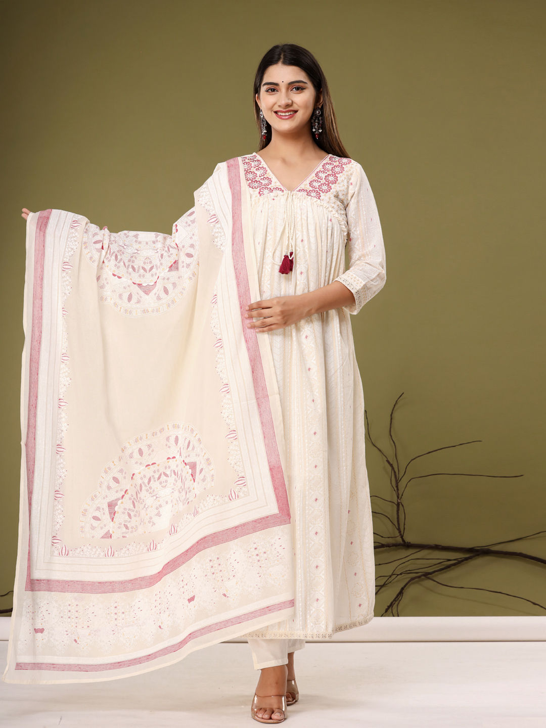 Anarkali Style Cotton Fabric Cream Color Kurta With Bottom & Dupatta