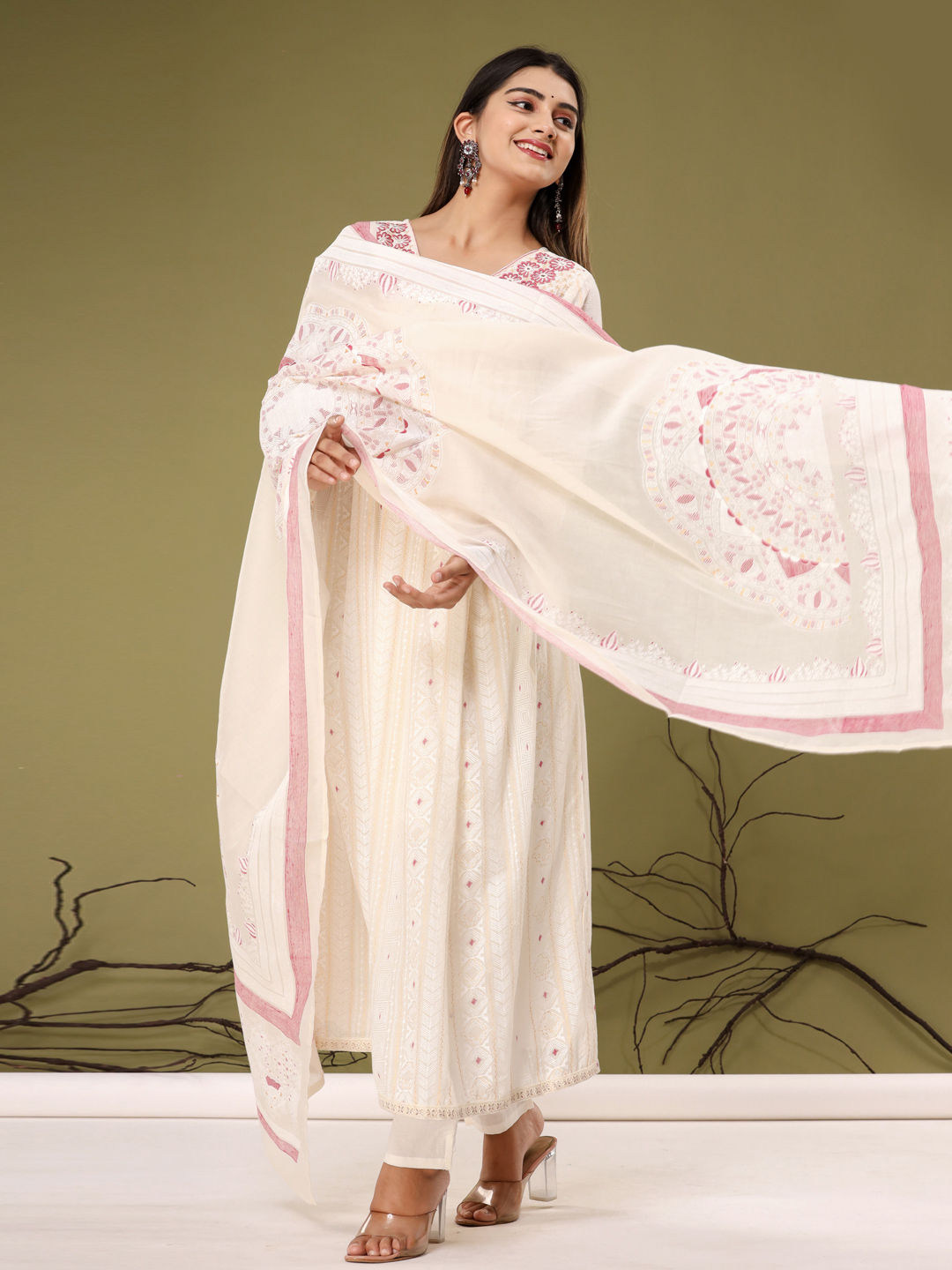 Anarkali Style Cotton Fabric Cream Color Kurta With Bottom & Dupatta