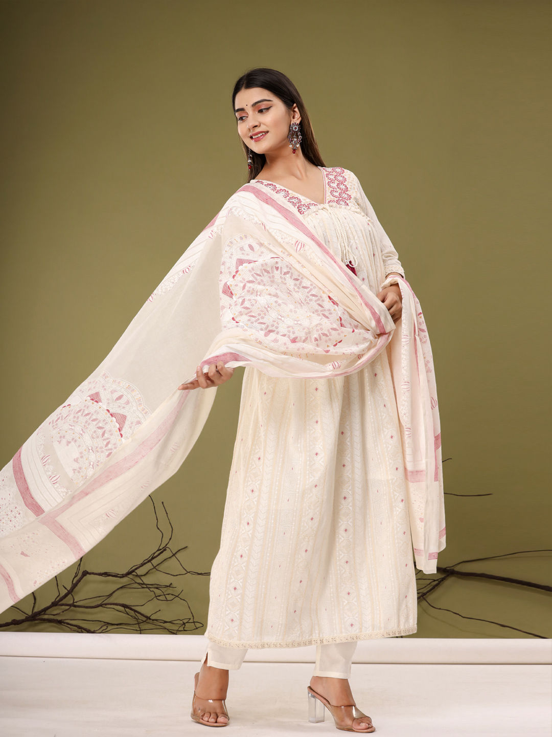 Anarkali Style Cotton Fabric Cream Color Kurta With Bottom & Dupatta