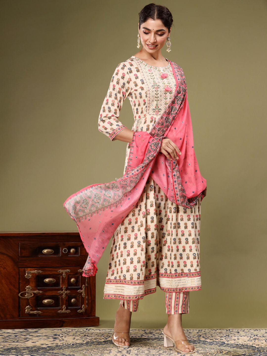 Anarkali Style Rayon Fabric Pink & Beige Color Kurta With Bottom & Dupatta