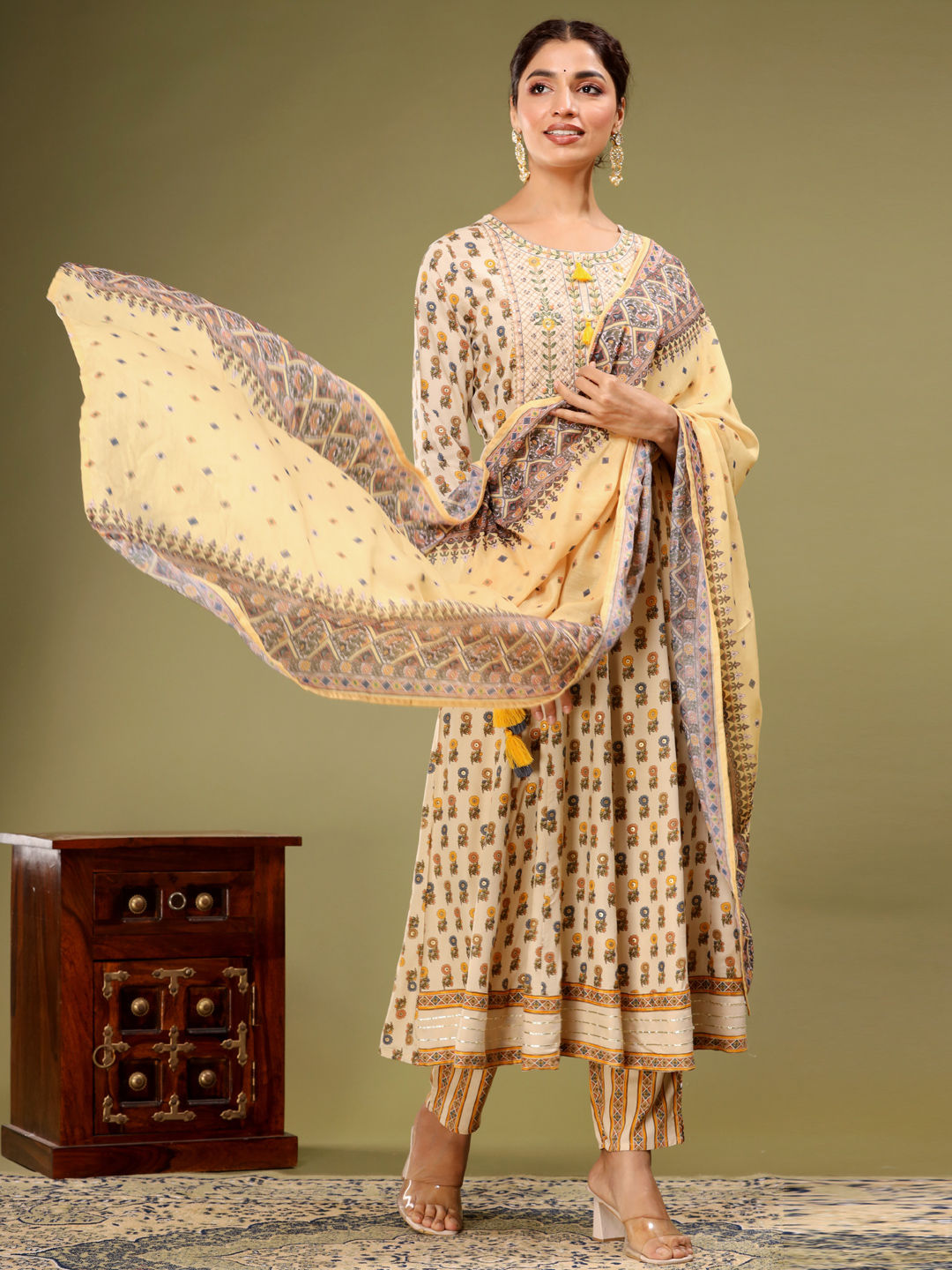 Anarkali Style Rayon Fabric Yellow & Beige Color Kurta With Bottom & Dupatta