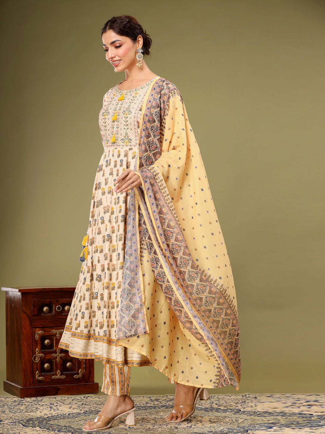 Anarkali Style Rayon Fabric Yellow & Beige Color Kurta With Bottom & Dupatta