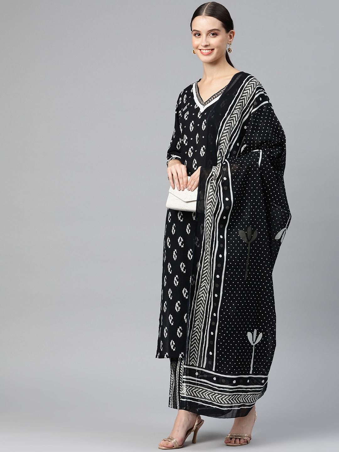 Straight Style Cotton Fabric Black Color Kurta And Palazzo With Dupatta