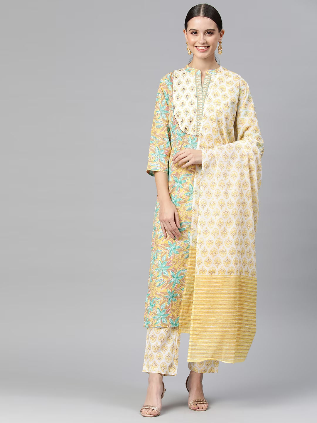 Straight Style Cotton Fabric Yellow Color Kurta And Palazzo With Dupatta
