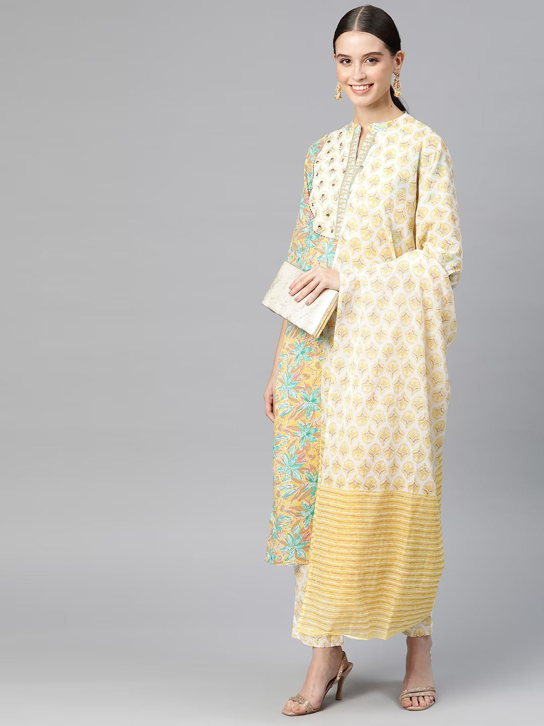 Straight Style Cotton Fabric Yellow Color Kurta And Palazzo With Dupatta