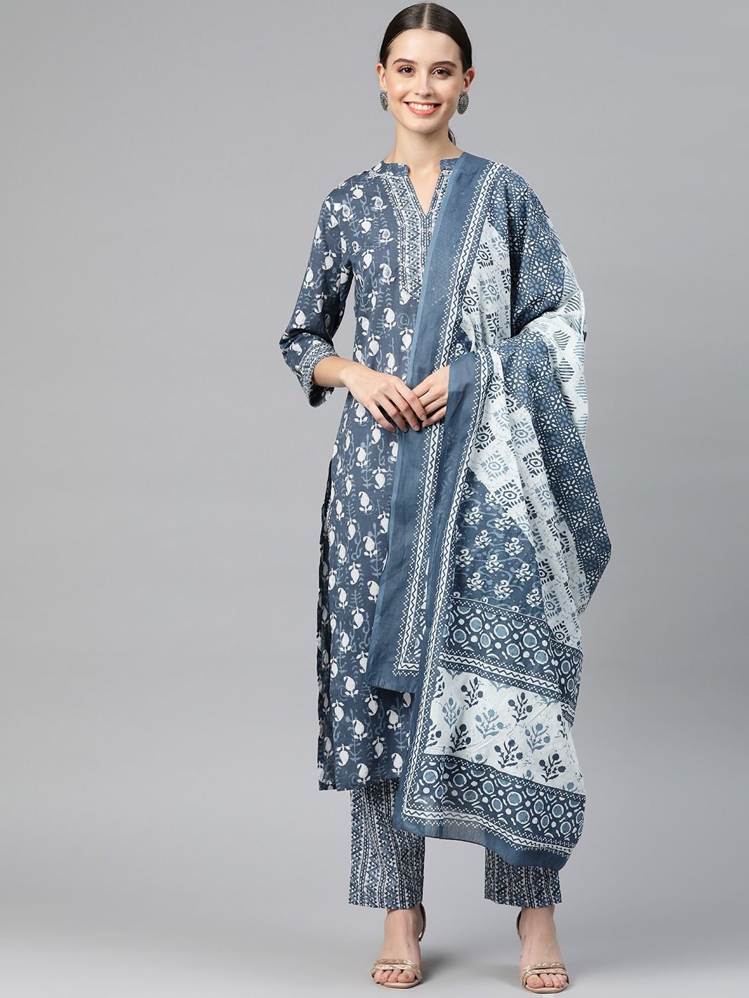 Straight Style Cotton Fabric Navy Blue Color Kurta And Palazzo With Dupatta