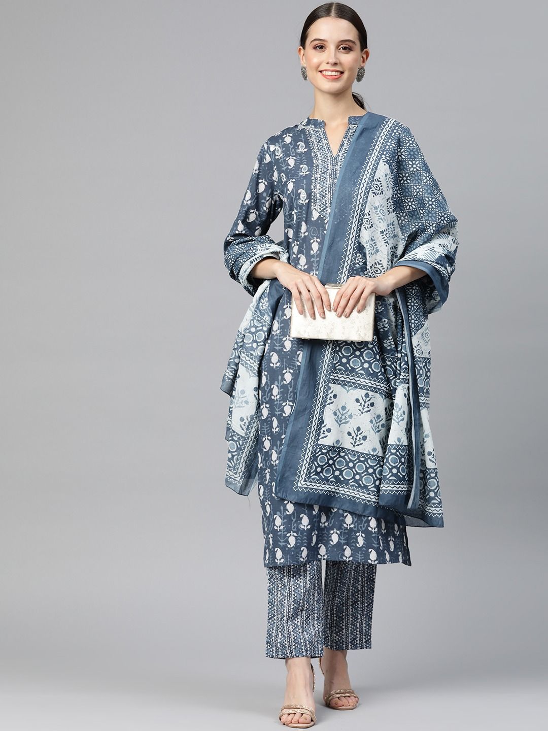 Straight Style Cotton Fabric Navy Blue Color Kurta And Palazzo With Dupatta