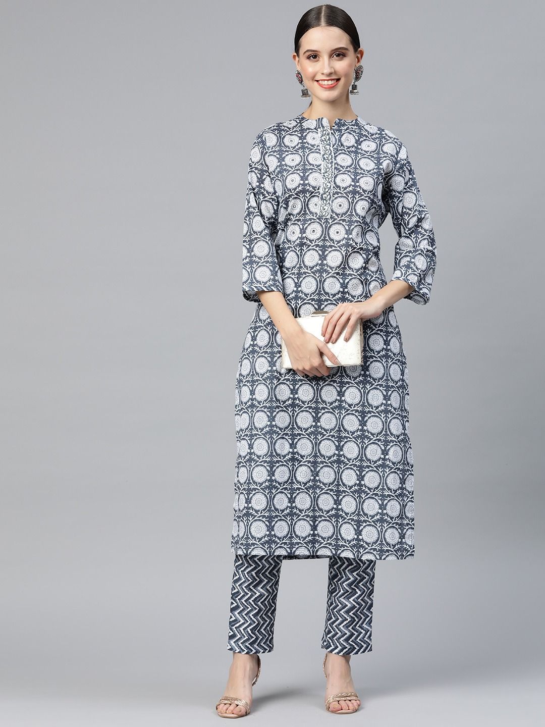 Straight Style Cotton Fabric Blue Color Kurta And Palazzo