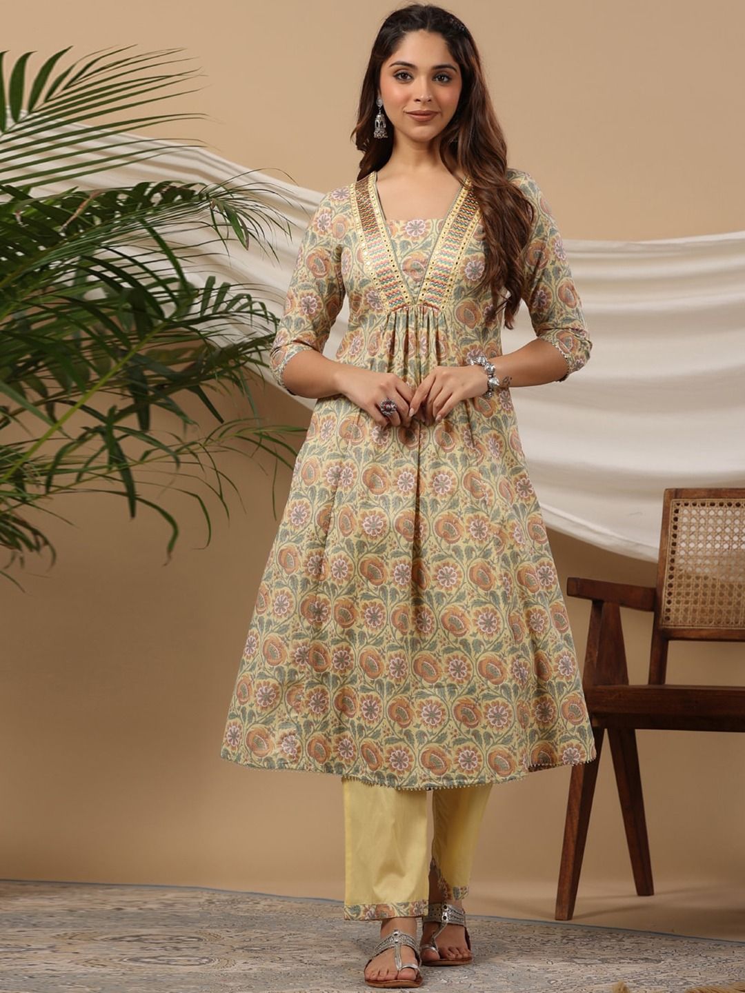 Flared Style Cotton Fabric Gold Color Kurti With Bottom