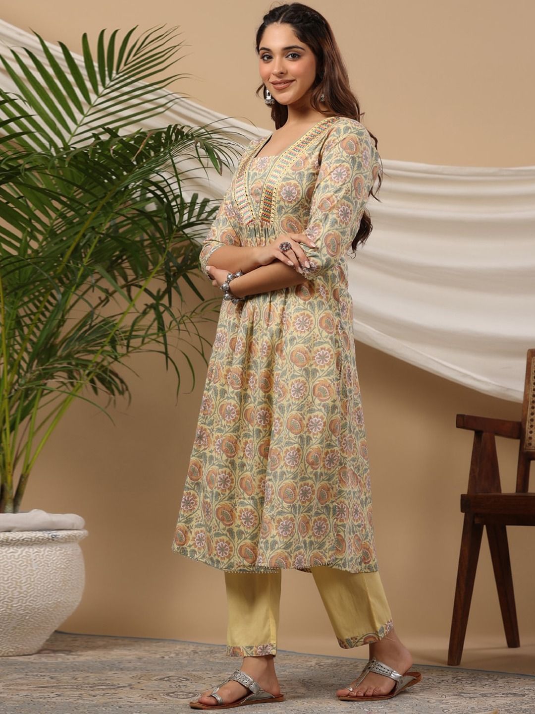 Flared Style Cotton Fabric Gold Color Kurti With Bottom