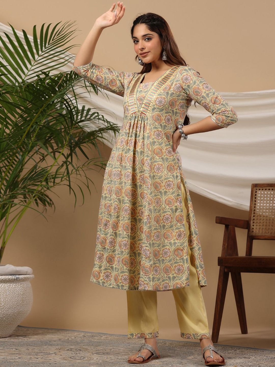 Flared Style Cotton Fabric Gold Color Kurti With Bottom
