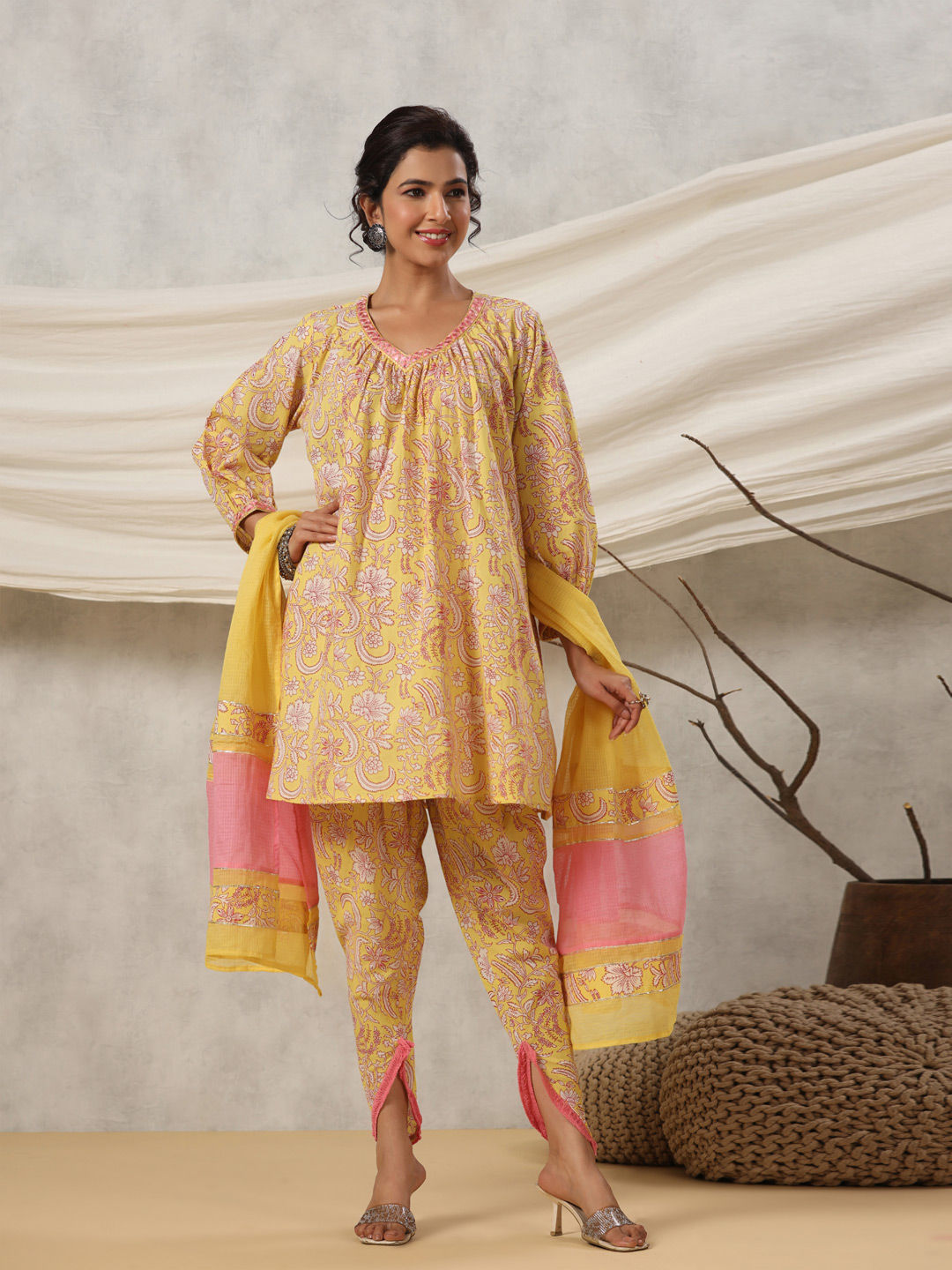 A-Line Style Cotton Fabric Yellow Color Kurti With Bottom & Dupatta