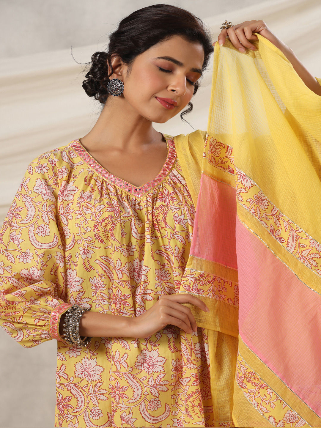 A-Line Style Cotton Fabric Yellow Color Kurti With Bottom & Dupatta
