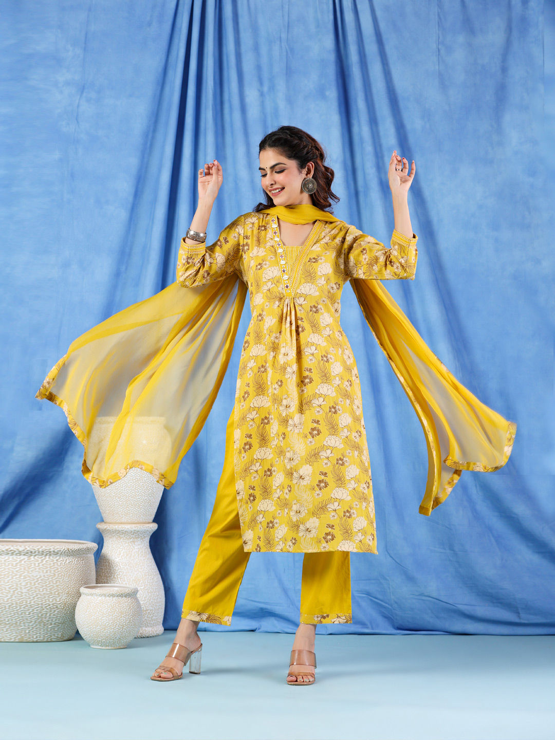 Flared Style Cotton Fabric Mustard Color Kurta And Palazzo With Dupatta