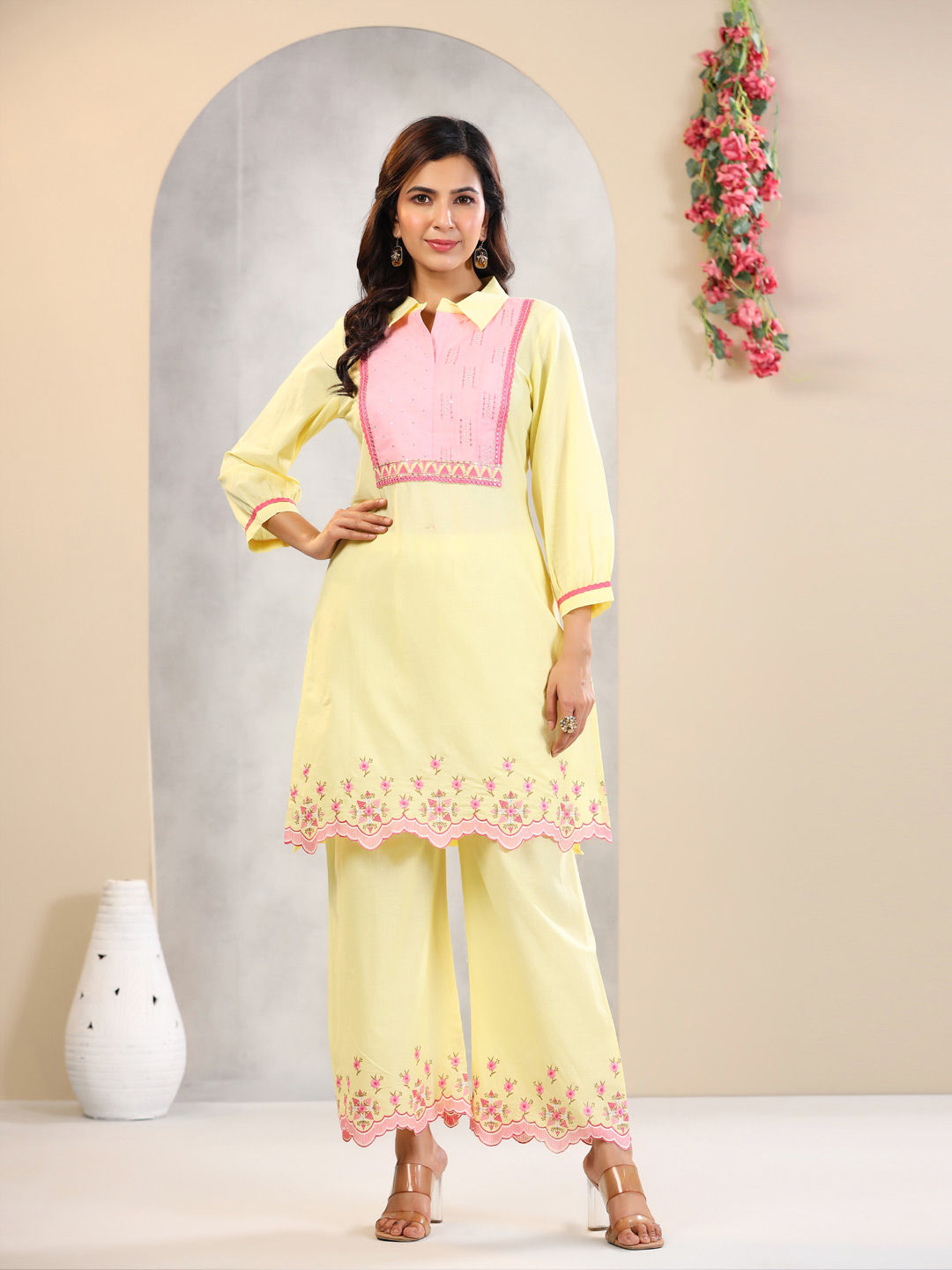 Straight Style Cotton Fabric Yellow Color Kurta And Palazzo