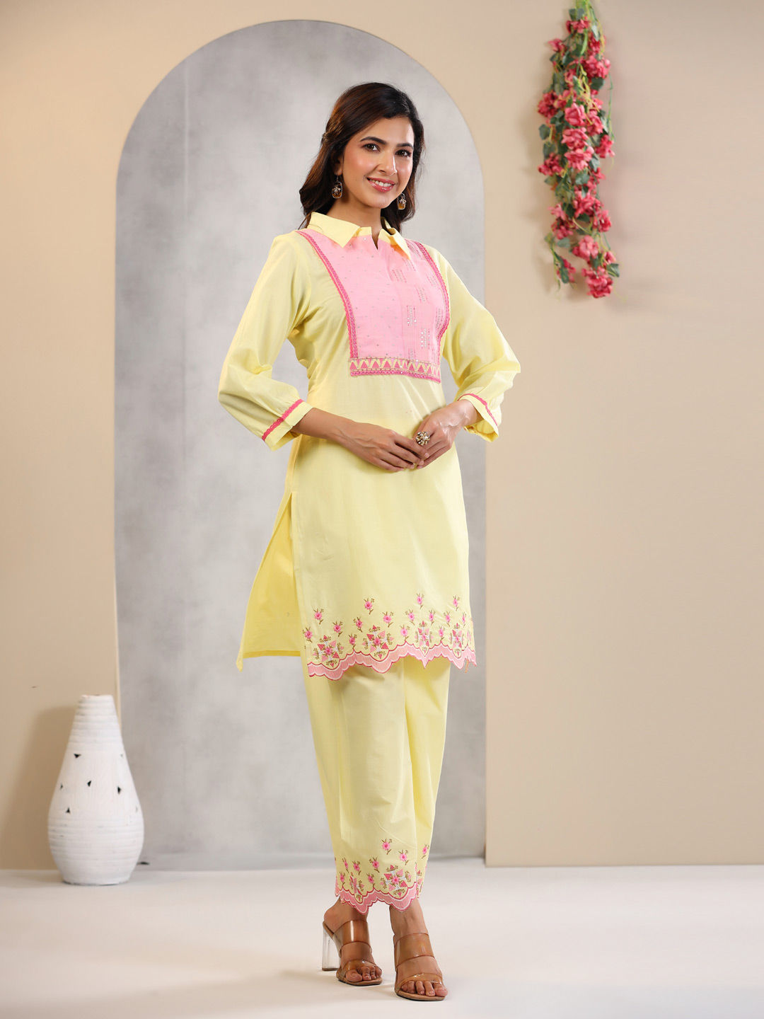 Straight Style Cotton Fabric Yellow Color Kurta And Palazzo