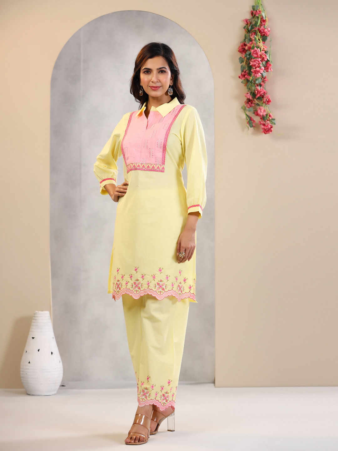 Straight Style Cotton Fabric Yellow Color Kurta And Palazzo