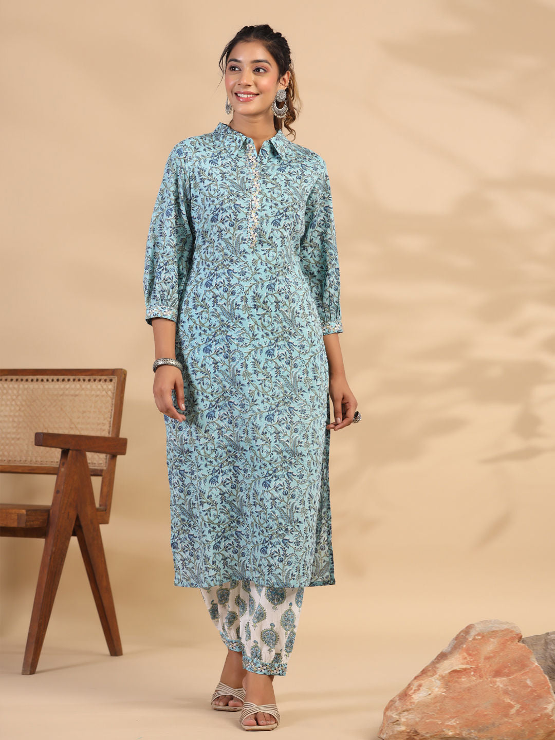 Straight Style Cotton Fabric Blue Color Kurti With Bottom