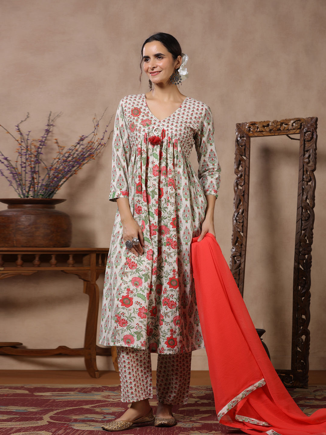 Anarkali Style Cotton Fabric Yellow Color Kurti With Bottom & Dupatta
