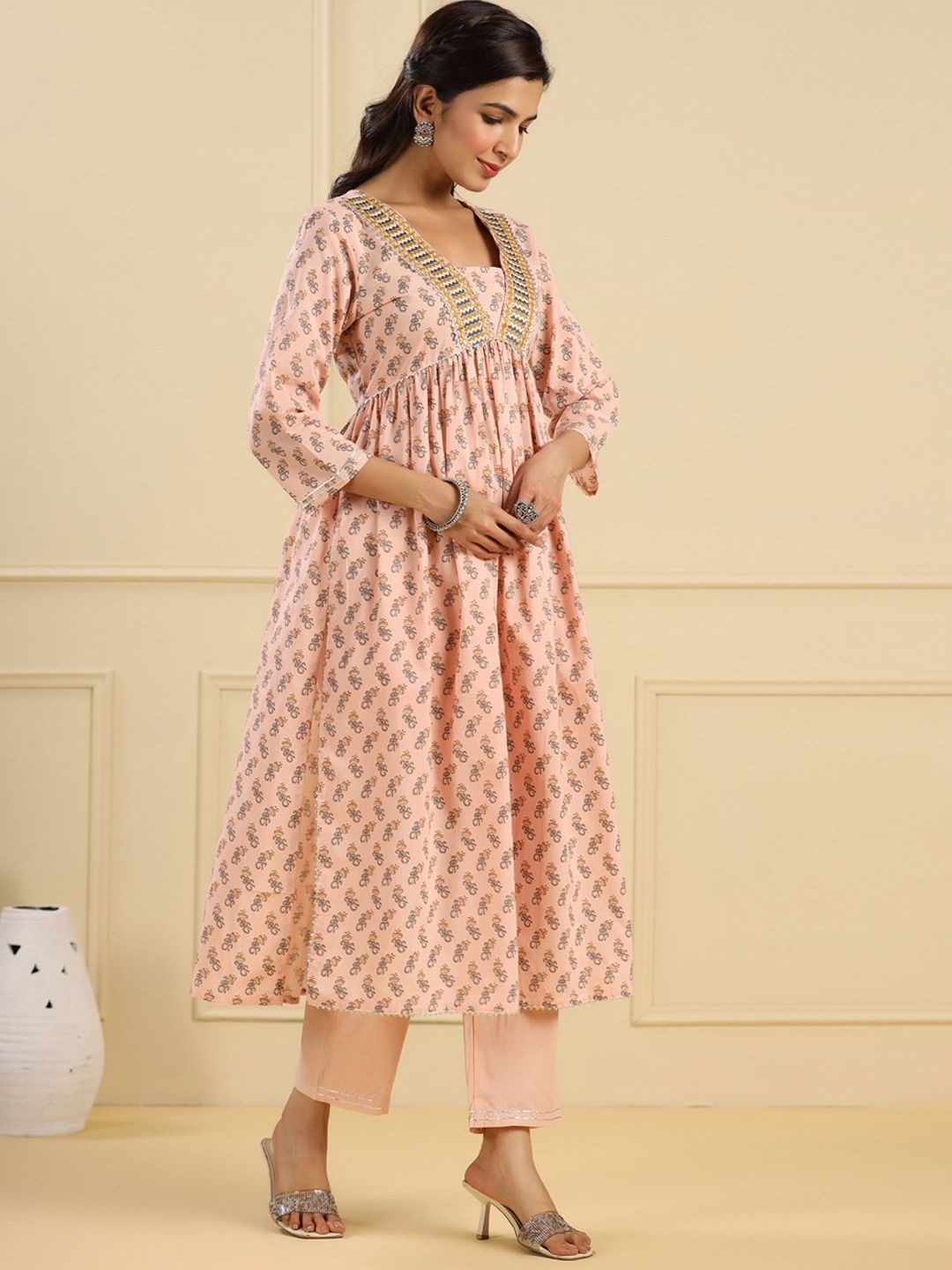 Flared Style Cotton Fabric Pink Color Kurti With Bottom