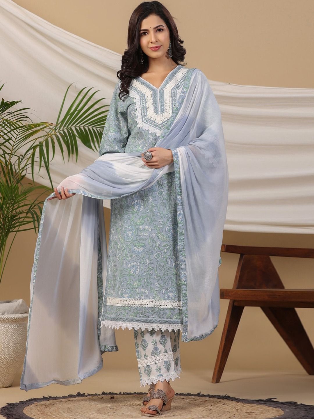 Straight Style Cotton Fabric Blue Colour Kurti And &Bottom & Dupatta