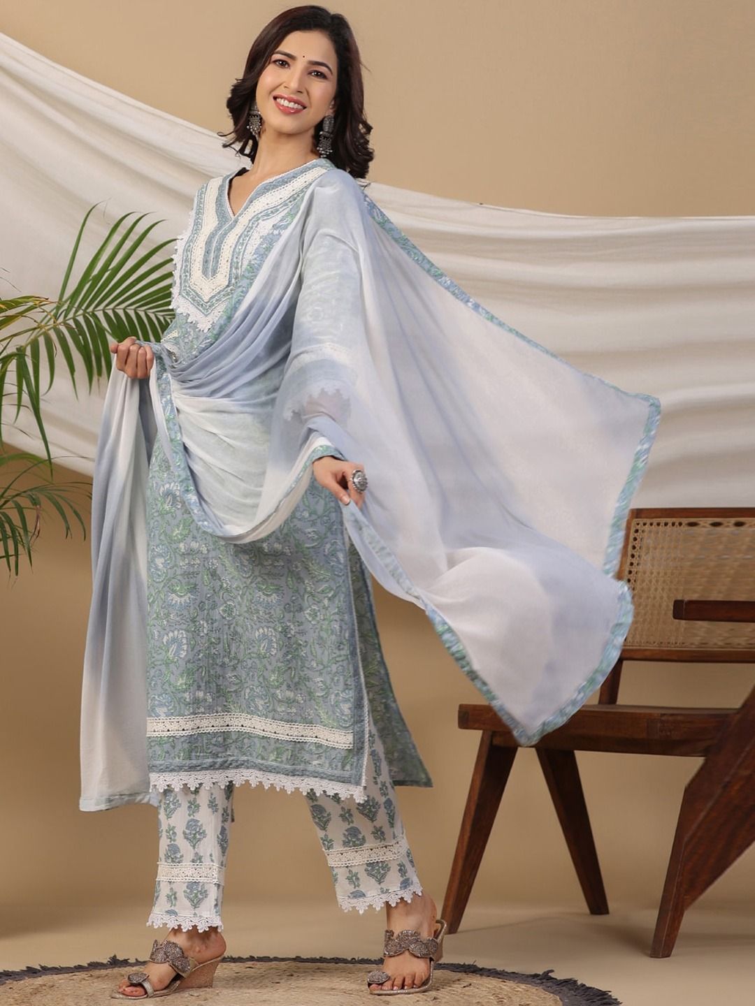 Straight Style Cotton Fabric Blue Colour Kurti And &Bottom & Dupatta