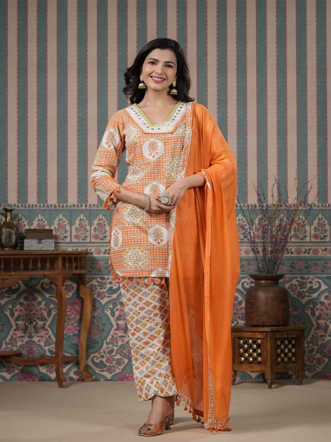 Straight Style Cotton Fabric Orange Color Kurti With Bottom & Dupatta
