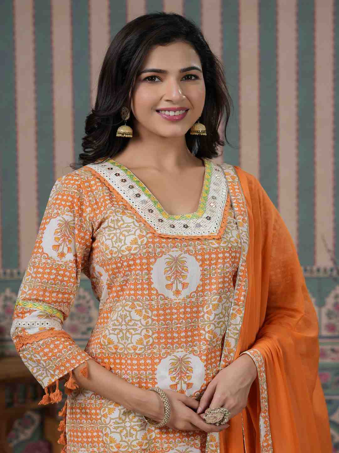 Straight Style Cotton Fabric Orange Color Kurti With Bottom & Dupatta