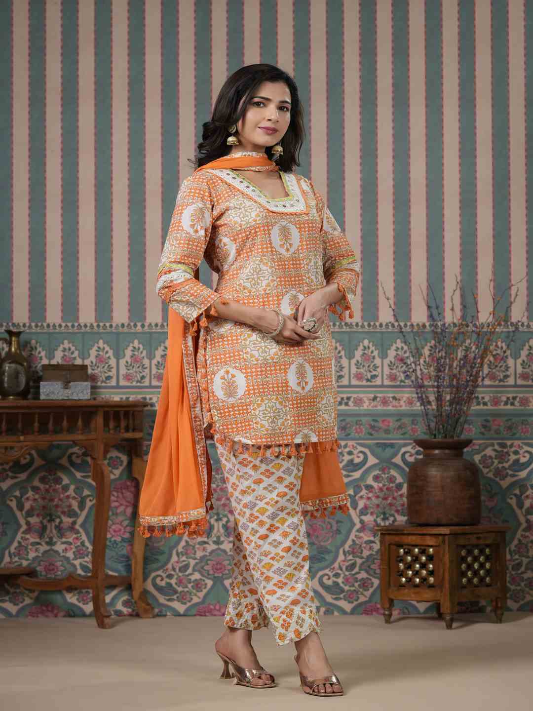 Straight Style Cotton Fabric Orange Color Kurti With Bottom & Dupatta