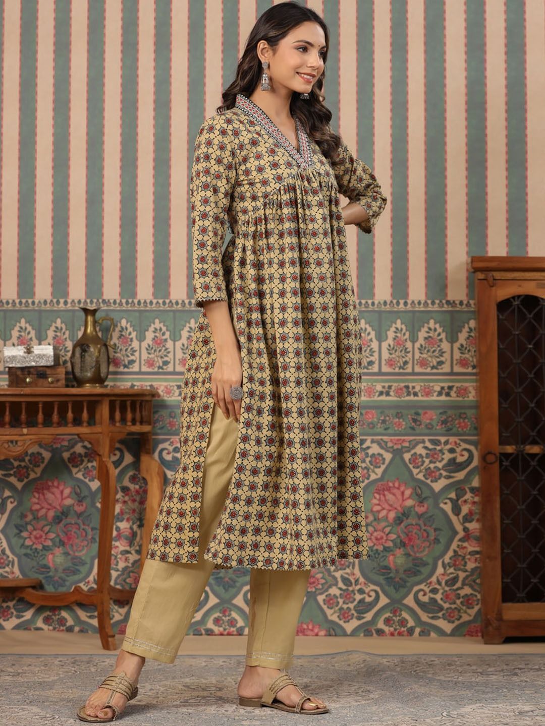 Anarkali Style Cotton Fabric Brown Colour Kurti And Bottom