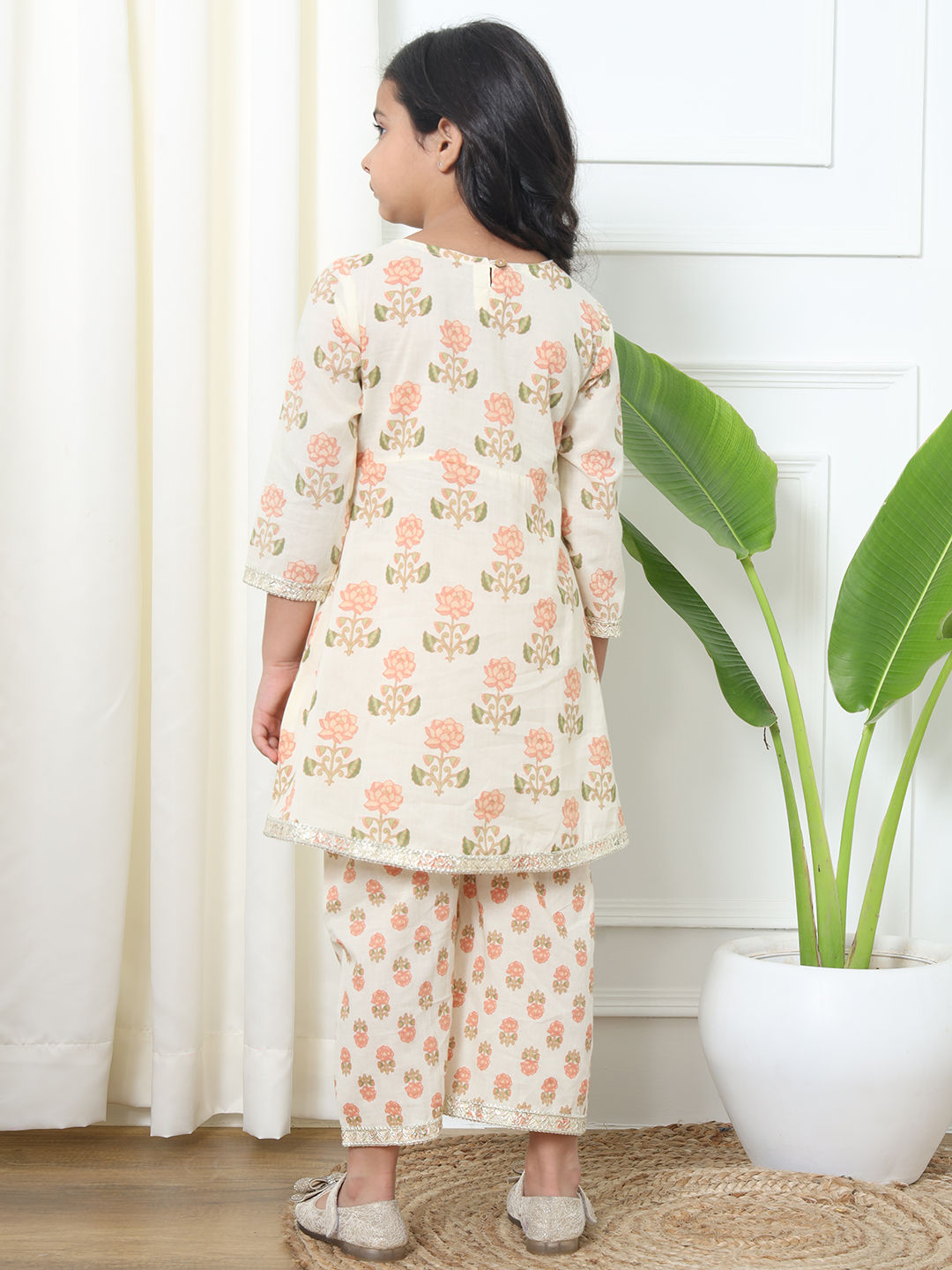 A Line Style Cotton Fabric Peach Color Kurti With Palazzo