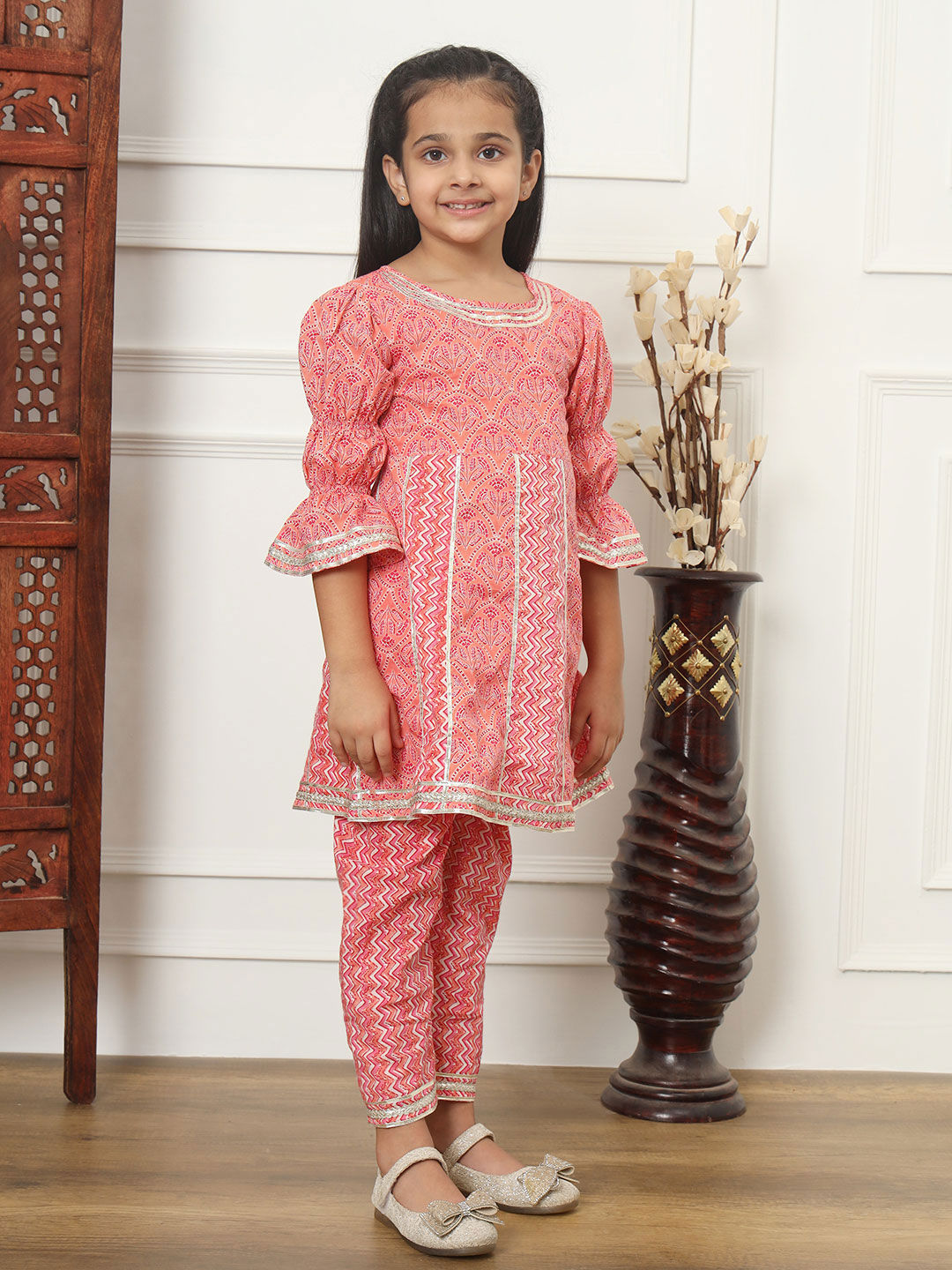 Anarkali Style Cotton Fabric Pink Color Kurti With Pyjama