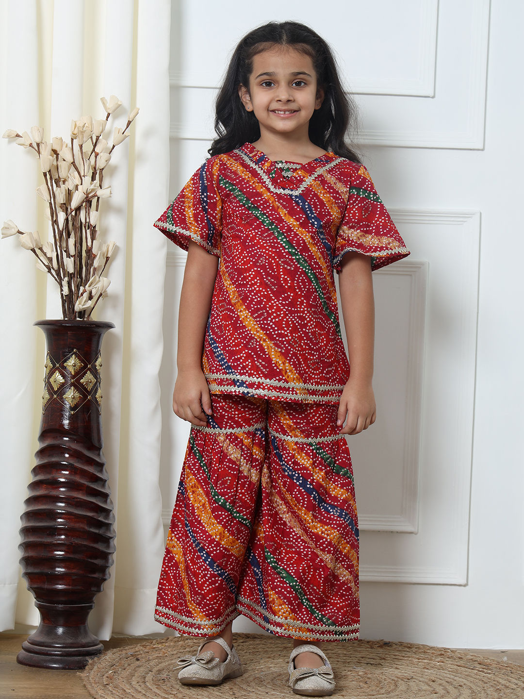 Straight Style Cotton Fabric Red Color Kurti And Sharara