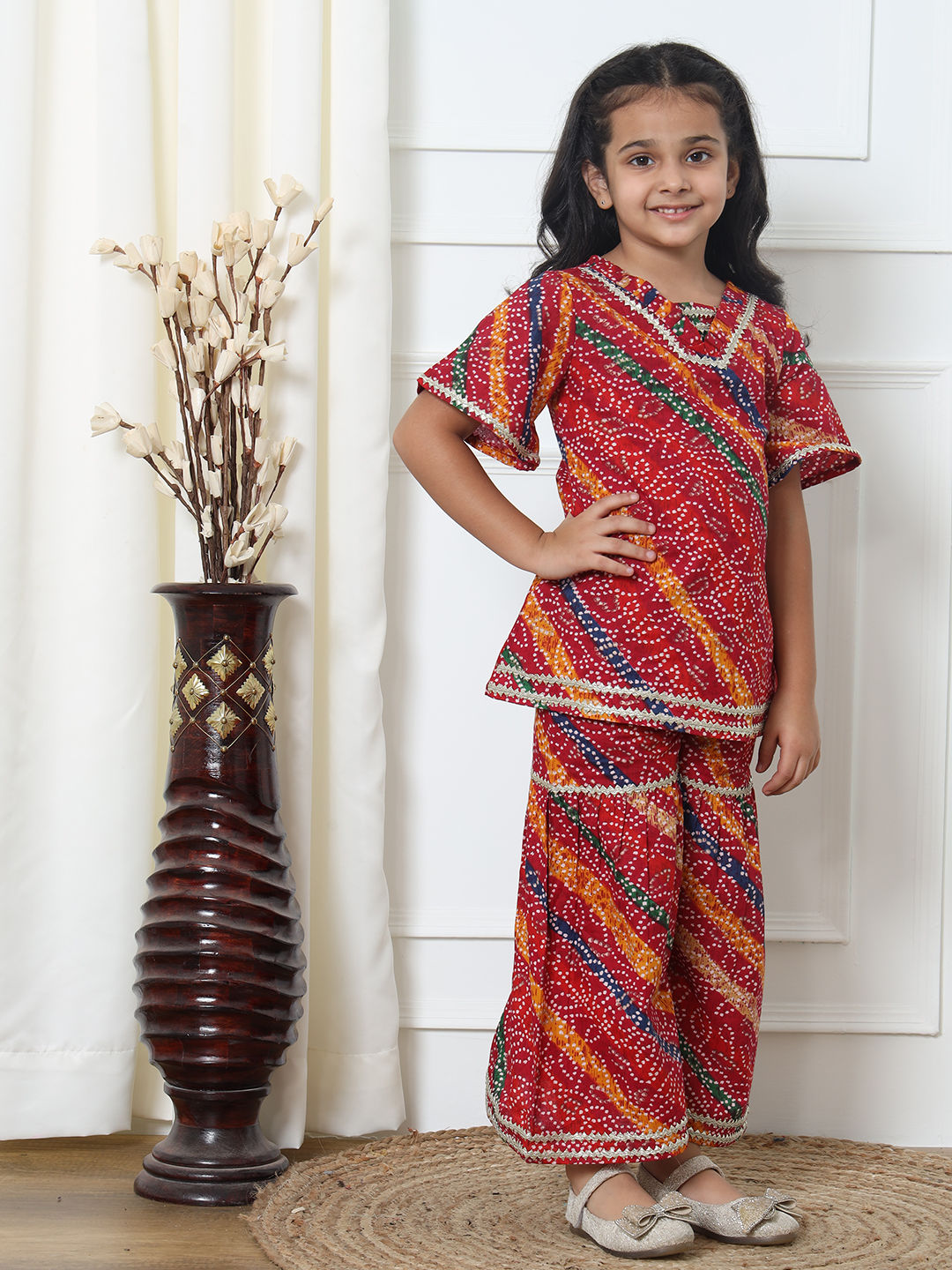 Straight Style Cotton Fabric Red Color Kurti And Sharara
