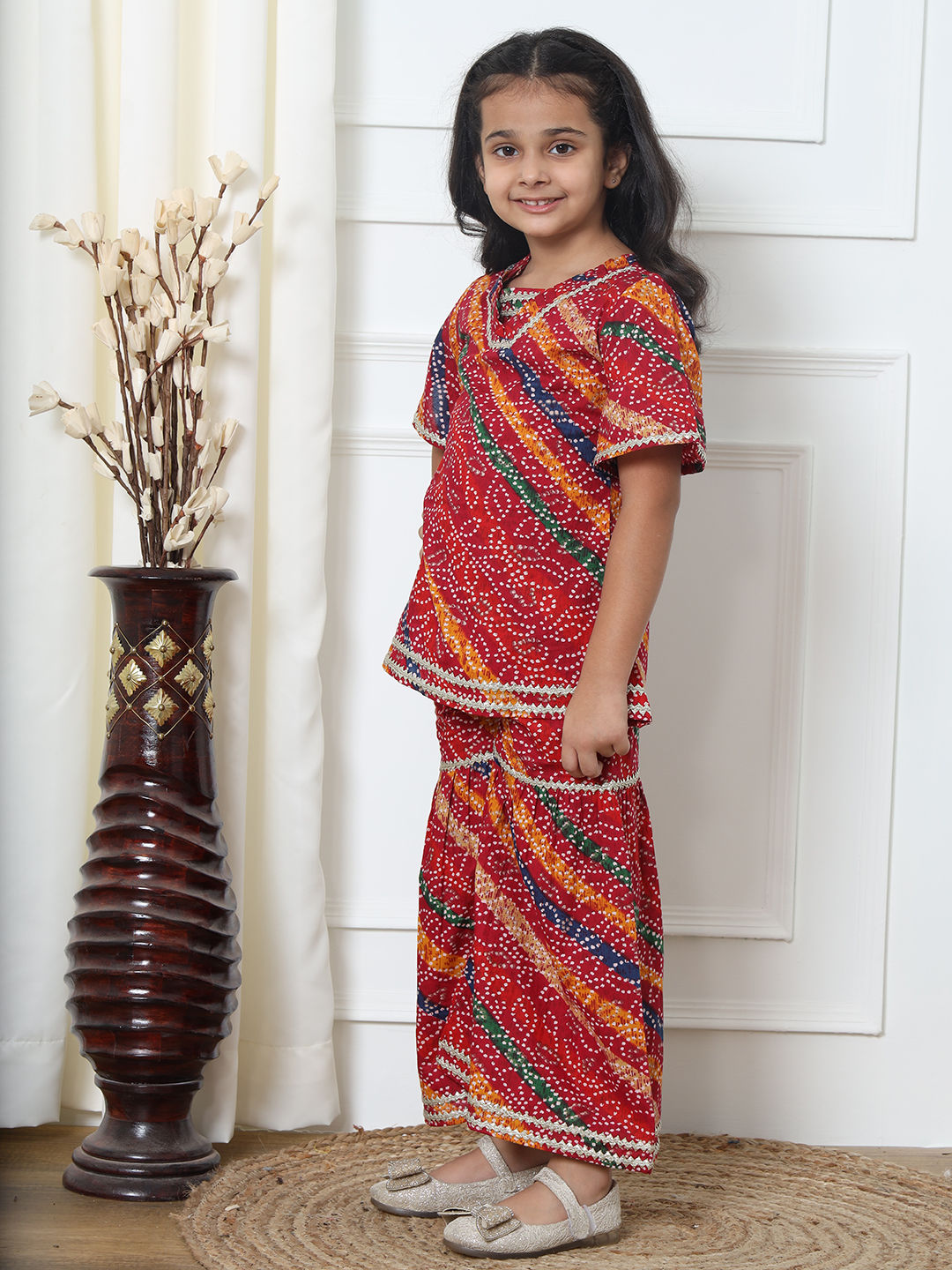 Straight Style Cotton Fabric Red Color Kurti And Sharara