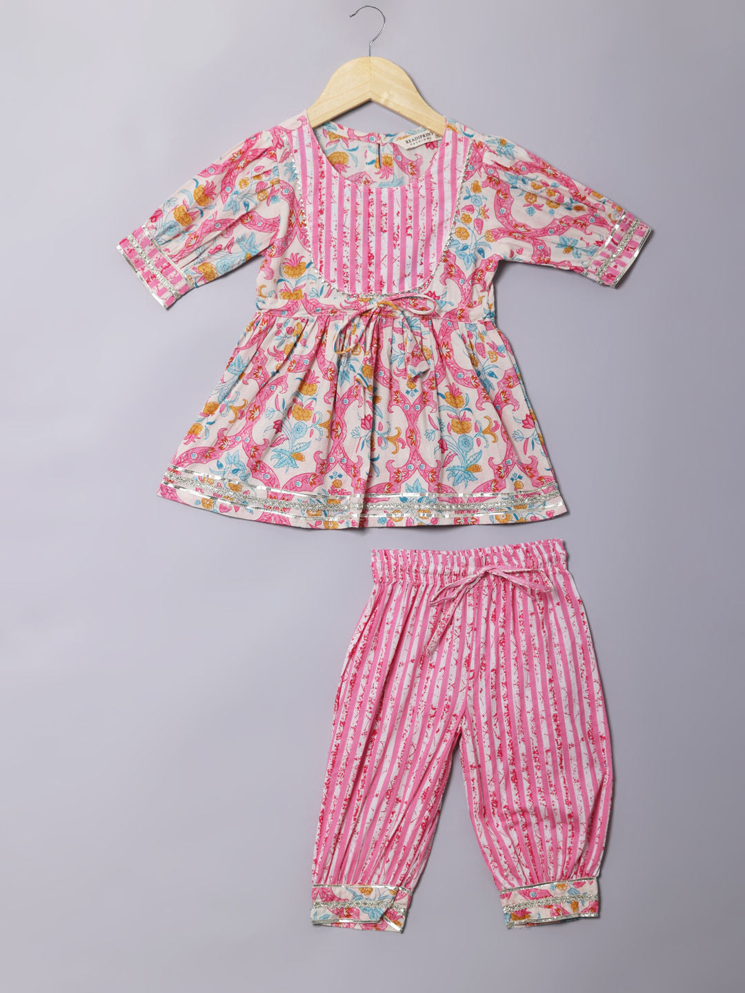 Frock Style Cotton Fabric Pink Color Kurti With Heram Pant