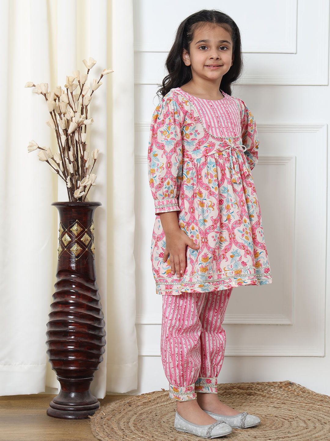 Frock Style Cotton Fabric Pink Color Kurti With Heram Pant