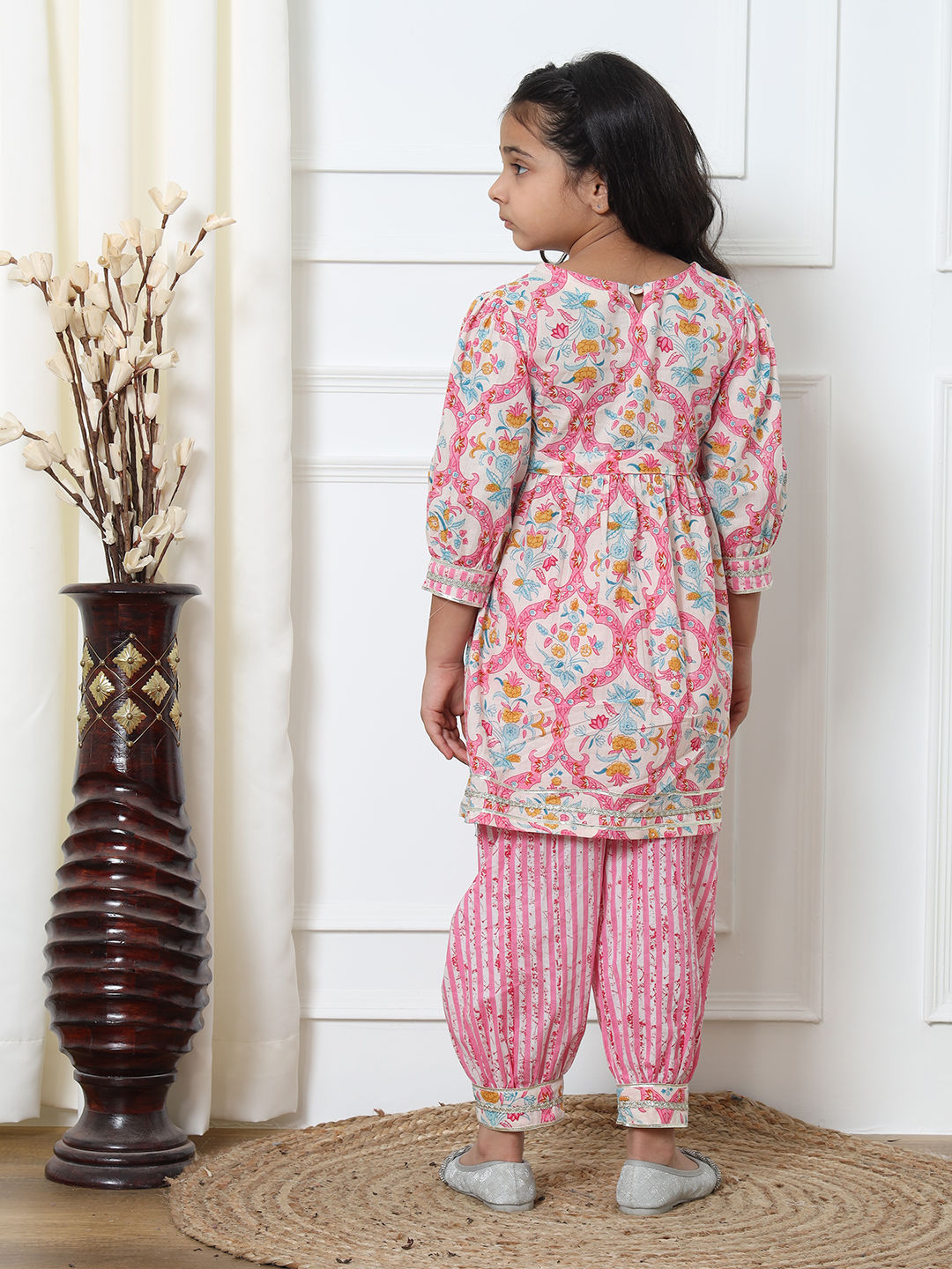 Frock Style Cotton Fabric Pink Color Kurti With Heram Pant