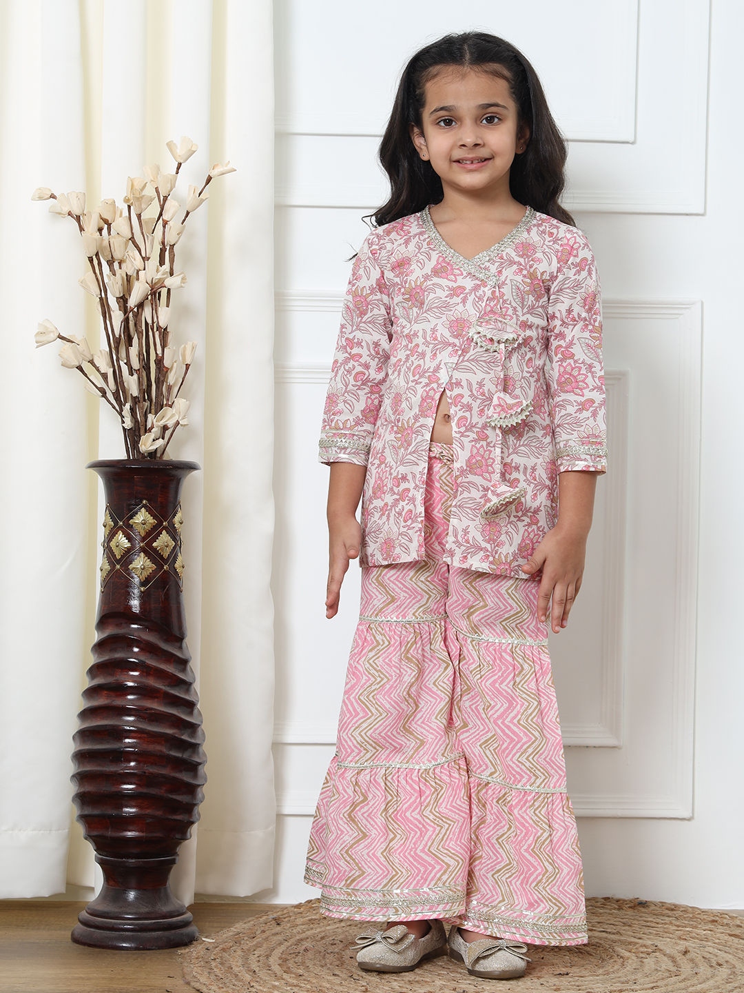 A Line Style Cotton Fabric Pink Color Kurti With Sharara